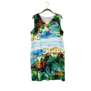 NorthStyle Dress 16 Sleeveless V-Neck Sheath Watercolor Island Villa Print